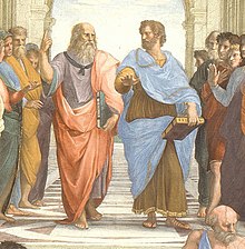 Plato (left) and Aristotle (right) opposed the idea of a plurality of worlds. "The School of Athens" by Raffaello Sanzio da Urbino (cropped).jpg