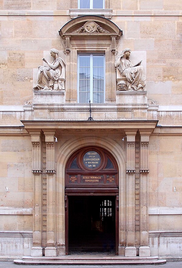 Entrance of the historic building of the ENS, at 45, rue d'Ulm. The inscriptions on the pediment of the monumental doorway display the school's two da