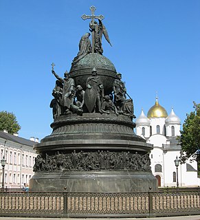 Millennium of Russia Bronze monument in the Novgorod Kremlin of Veliky Novgorod, Novgorod Oblast, Russia