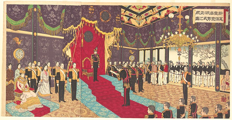 File:新皇居於テ正殿憲法発布式之図-Illustration of the Issuing of the State Constitution in the State Chamber of the New Imperial Palace (Shin kōkyo ni oite seiden kenpō happushiki no zu) MET DP147644.jpg