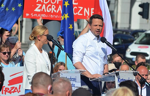 Trzaskowski speaking at a rally in Katowice during the 2020 presidential election.