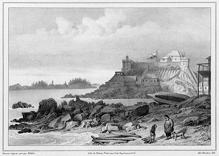 Gajaa Héen (Old Sitka), circa 1827. The new Russian palisade atop "Castle Hill" (Noow Tlein) that surrounded the Governor's Residence had three watchtowers, armed with 32 cannons, for defense against Tlingit attacks.