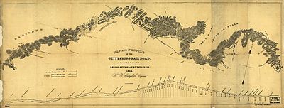 1839 map of planned route (Big Spring, Maryland to Gettysburg, Pennsylvania) by Henry Campbell, civil engineer 1839 Gettysburg RR Map planned.jpg