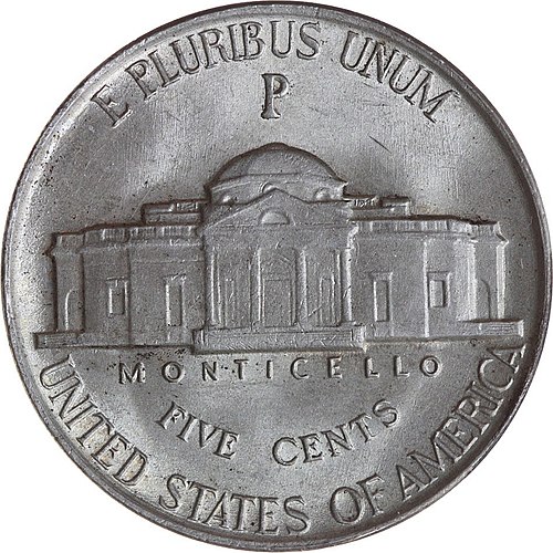 During World War II, the mint mark of the part-silver "war nickels" appeared above the image of Monticello.
