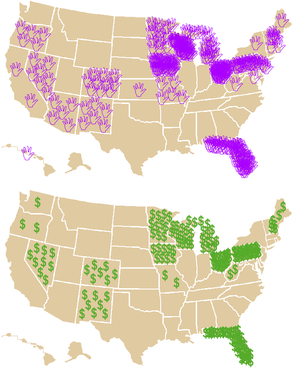 These maps show the amount of attention given to each state by the Bush and Kerry campaigns (combined) during the final five weeks of the 2004 election: each waving hand (purple map) represents a visit from a presidential or vice presidential candidate; each dollar sign (green map) represents one million dollars spent on TV advertising. 2004CampaignAttention (edit).png