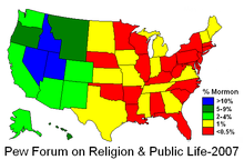 Percentage of US adult population, by state, claiming Mormon as religious preference in the 2007 survey by the Pew Forum on Religion & Public Life. 2007 PEW Survey (Percent Mormon).PNG