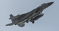 A US Air Force F-15C Eagle, tail number 83-0046, on final approach at Kadena Air Base in Okinawa, Japan