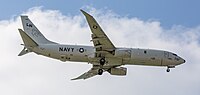 A Boeing P-8 Poseidon, tail number 168761, on final approach at Kadena Air Base in Okinawa, Japan. It is assigned to Patrol Squadron 45 (VP-45) at NAS Jacksonville, Florida, United States.