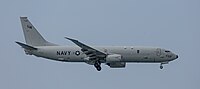 A US Navy P-8 Poseidon, tail number 168756, on final approach at Kadena Air Base in Okinawa, Japan.