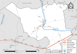 Carte en couleur présentant le réseau hydrographique de la commune