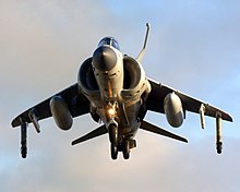 Harrier FA2 hovering. Bolt-on refuelling probe, top right A Sea Harrier FA2 of 801 Squadron is seen hovering above the deck of HMS Illustrious. MOD 45146088.jpg