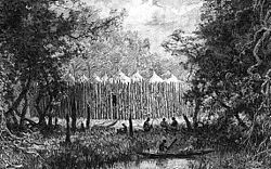 A boma in the forest. This one is a fortified African village. Illustration published in 1892 in Paris in Edouard Charton's Tour du Monde magazine ('Around the World'), to go with an article on the Stairs Expedition to Katanga written from the journal of explorer Christian de Bonchamps. A boma in the forest.jpg