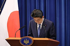 Prime Minister Shinzo Abe announced his resignation in August 2020; he resigned on 16 September, 2020. Abe Bowing Resignation (cropped).jpg