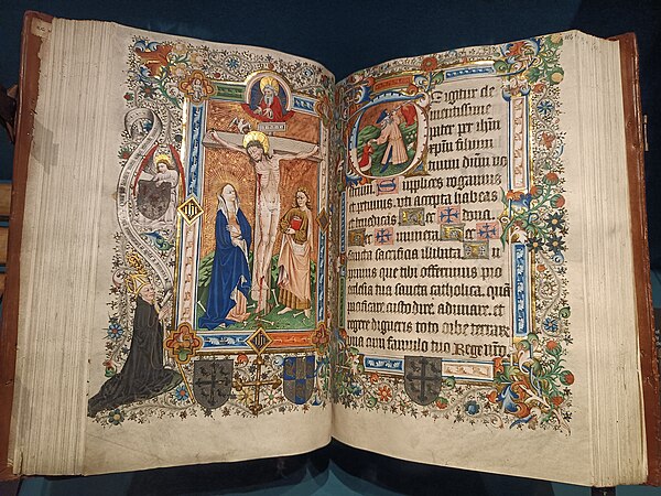 The "Abingdon Missal", dated to 1461, depicts the donor and the Abbey's abbot William Ashenden kneeling to the bottom left of the crucifixion. The man