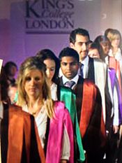 Graduation procession of King's College London, one of the founding colleges of the University of London, showcasing the academic dresses created by globally-renowned
fashion designer Vivienne Westwood during the Summer 2008 graduation. Academic dress KCL.jpg