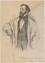 Baritone Achille De Bassini, the first Francesco. (Litho: Josef Kriehuber, 1854) Achille De Bassini Portrait.jpg