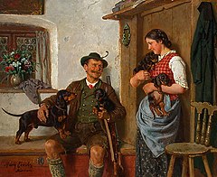 Die Dackelfamilie mit Jäger und Magd (The Dachshund family with Hunter and Maid) by Adolf Eberle