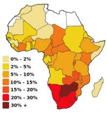 Map showing prevalence of HIV/AIDS in Africa based on 1999-2001 figures Africa HIV-AIDS 2002.png