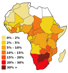 שיעור נשאי האיידס במדינות אפריקה; הנתונים נכונים ל-1999