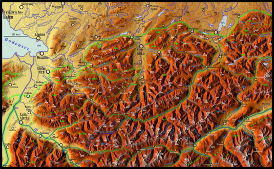 East of city Füssen and the Allgäu Alps (the region in the middle), map with mountains