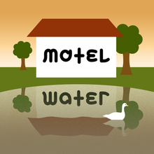 "Motel" on the facade of a building is mirroring in the water of a pond to give "Water", self-referential concept using a lake reflection. Ambigram Motel Water.png