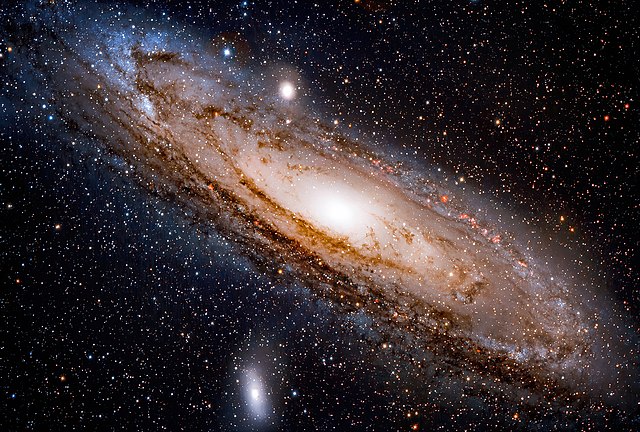 Processed image of the Andromeda Galaxy, with enhancement of H-alpha to highlight its star-forming regions