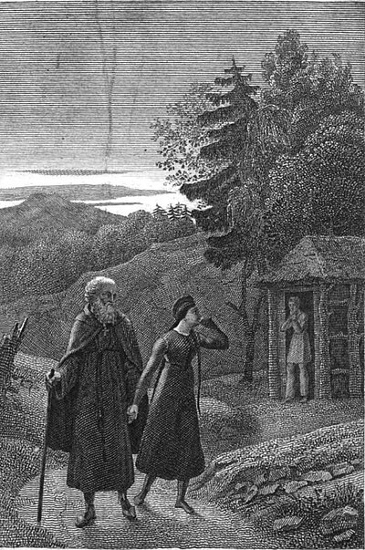 Un homme à barbe blanche et bouclée, ayant une cape retenue par une croix tient la main d'une jeune femme. Ils sont sur un chemin, la jeune femme regarde vers l'arrière où se trouve une cabane sur le seuil de laquelle se tient un homme, probablement son père.