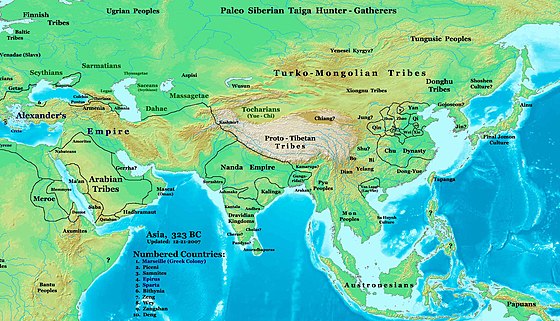 Asia in 323 BCE, the Nanda Empire and Gangaridai Empire in relation to Alexander's Empire and neighbours.