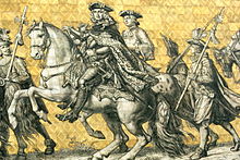 Kings of Poland and Electors of Saxony; Augustus II in the foreground and Augustus III behind him as depicted on Furstenzug mural in Dresden Augustai.jpg