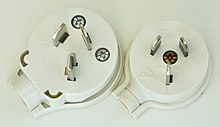 Comparison of 32 A (left) and 10 A (right) plugs. Australian 32 A vs 10 A mains plug.jpg