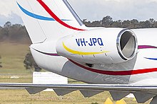 Honeywell ALF 502 on an early Challenger 600 Australian Corporate Jet Centres (VH-JPQ) Canadair CL-600-1A11 Challenger 600 taxiing at Wagga Wagga Airport (3) (cropped).jpg