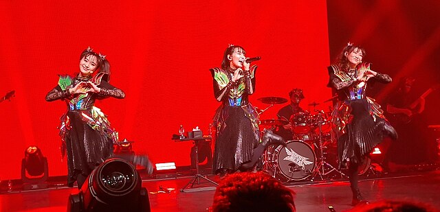 Babymetal performing at Ancienne Belgique in December 2023 (L-R: Moametal, Su-metal, Momometal)