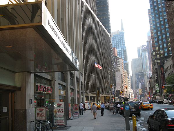 Bad Boy headquarters on Broadway near Times Square. A billboard of Combs is in the distance.