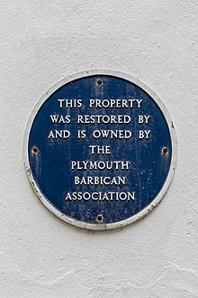 Plaque applied to buildings restored by the Plymouth Barbican Association Barbican Association Plaque, Plymouth.jpg