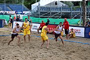 Deutsch: Beachhandball Europameisterschaften 2019 (Beach handball Euro); Tag 1: 2. Juli 2019 – Männer, Vorrunde Gruppe C, Italien-Nordmazedonien 2:1 (12:18, 22:13, 7:6) English: Beach handball Euro; Day 1: 2 July 2019 – Men Preliminary Round Group C – Italy-North Mecedonia 2:1 (12:18, 22:13, 7:6)