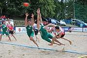 Deutsch: Beachhandball Europameisterschaften 2019 (Beach handball Euro); Tag 2: 3. Juli 2019 – Männer, Vorrunde Gruppe C, Nordmazedonien-Schweiz 0:2 (13:22, 18:19) English: Beach handball Euro; Day 2: 3 July 2019 – Women Preliminary Round Group A – Men Preliminary Round Group C – North Macedonia-Switzerland 0:2 (13:22, 18:19)