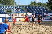 Deutsch: Beachhandball Europameisterschaften 2019 (Beach handball Euro); Tag 1: 2. Juli 2019 – Männer, Vorrunde Gruppe D, Polen-Schweden 2:1 (18:10, 15:9; 8:6) English: Beach handball Euro; Day 1: 2 July 2019 – Men Preliminary Round Group D – Poland-Sweden 2:1 (18:10, 15:9; 8:6)