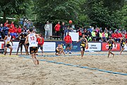 Deutsch: Beachhandball Europameisterschaften 2019 (Beach handball Euro); Tag 2: 3. Juli 2019 – Männer, Vorrunde Gruppe A, Türkei-Spanien 0:2 (16:23, 20:29) English: Beach handball Euro; Day 2: 3 July 2019 – Men Preliminary Round Group A – Turkey-Spain 0:2 (16:23, 20:29)