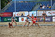 Deutsch: Beachhandball Europameisterschaften 2019 (Beach handball Euro); Tag 5: 6. Juli 2019 – Frauen, Halbfinale, Kroatien-Dänemark 1:2 (12:19, 17:10, 4:7) English: Beach handball Euro; Day 5: 6 July 2019 – Semifinal Men – Croatia-Denmark 1:2 (12:19, 17:10, 4:7)