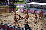 Deutsch: Beachhandball bei den Olympischen Jugendspielen 2018; Tag 3, 10. Oktober 2018; Mädchen, Vorrunde, Gruppe B - Niederlande-Argentinien 2:0 English: Beach handball at the 2018 Summer Youth Olympics at 10 October 2018 – Girls Preliminary Round Group B‎ – Netherlands-Argentina 2:0