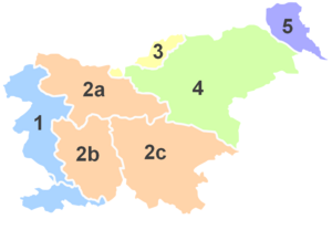 Traditional regions of Slovenia.
Littoral
Carniola: 2a Upper, 2b Inner, 2c Lower
Carinthia
Styria
Prekmurje Borders of the Historical Habsburgian Lands in the Republic of Slovenia.png