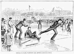 Woodcut of baseball on ice in Washington Park, published in Harper's Weekly in 1884 Brooklyn Baseball On Skates, 1884.jpg