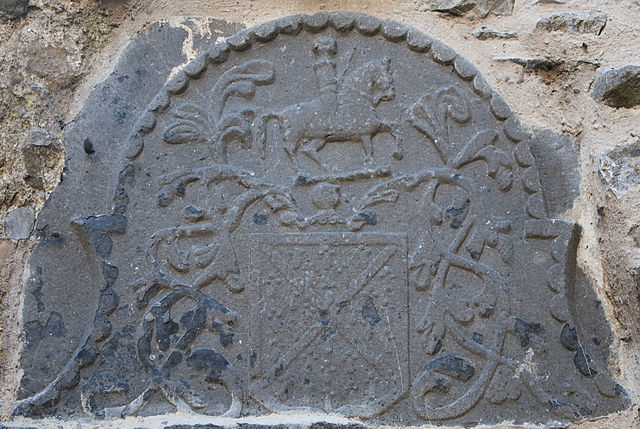 Relief of coat of arms of the FitzGerald of Desmond (showing the saltire) in Buttevant Friary
