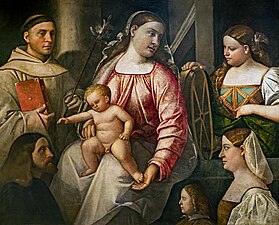   013 Madonna col Bambino e i Santi Antonio da Padova e Caterina d'Alessandria con i tre donatori - Giovanni Cariani