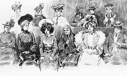 The idea of women sitting on juries in the United States was subject to ridicule up until the 20th century.
Studies in expression. When women are jurors, Charles Dana Gibson, 1902 Charles Dana Gibson (1902) Studies in expression. When women are jurors (compressed).jpg