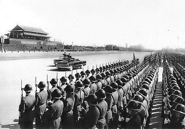 Marshal Lin Biao surveying the soldiers during the 10th-anniversary military parade in 1959.