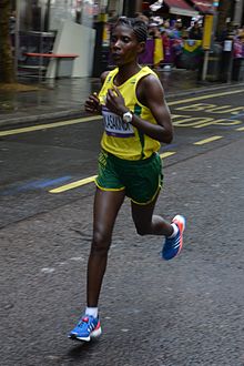 Claudette Mukasakindi representing Rwanda in the women's marathon at the 2012 Summer Olympics in London Claudette Mukasakindi 2.jpg