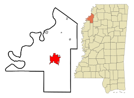 Coahoma County Mississippi Incorporated and Unincorporated areas Clarksdale Highlighted.svg