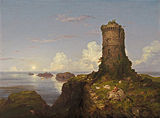 Cole: Italian Coast Scene with Ruined Tower oder Romantic Landscape with Ruined Tower (1838)