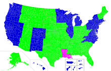Mapa USA zobrazující aktuální stav možnosti obyvatel USA skrytě nosit zbraň dle jednotlivých okresů, včetně barevné legendy